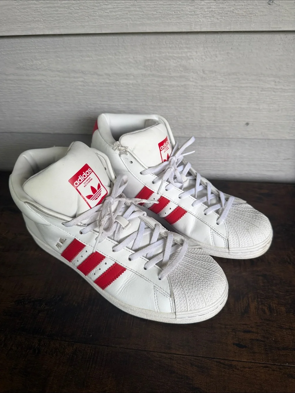 adidas White and Red Mid-Top Sneakers with Shell Toe